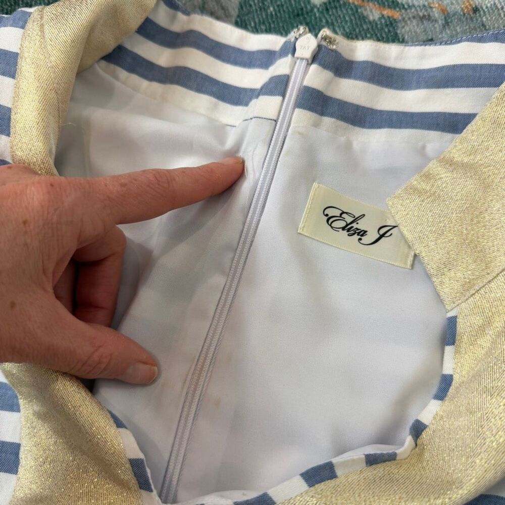 Eliza J Dress 16 Blue White Stripe Nautical Gold V Neck Cotton Mini Tunic short - Picture 12 of 16